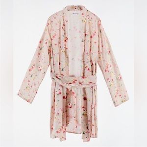 M. Zara Satin Dressing Gown With Pink Floral Print NWOT
